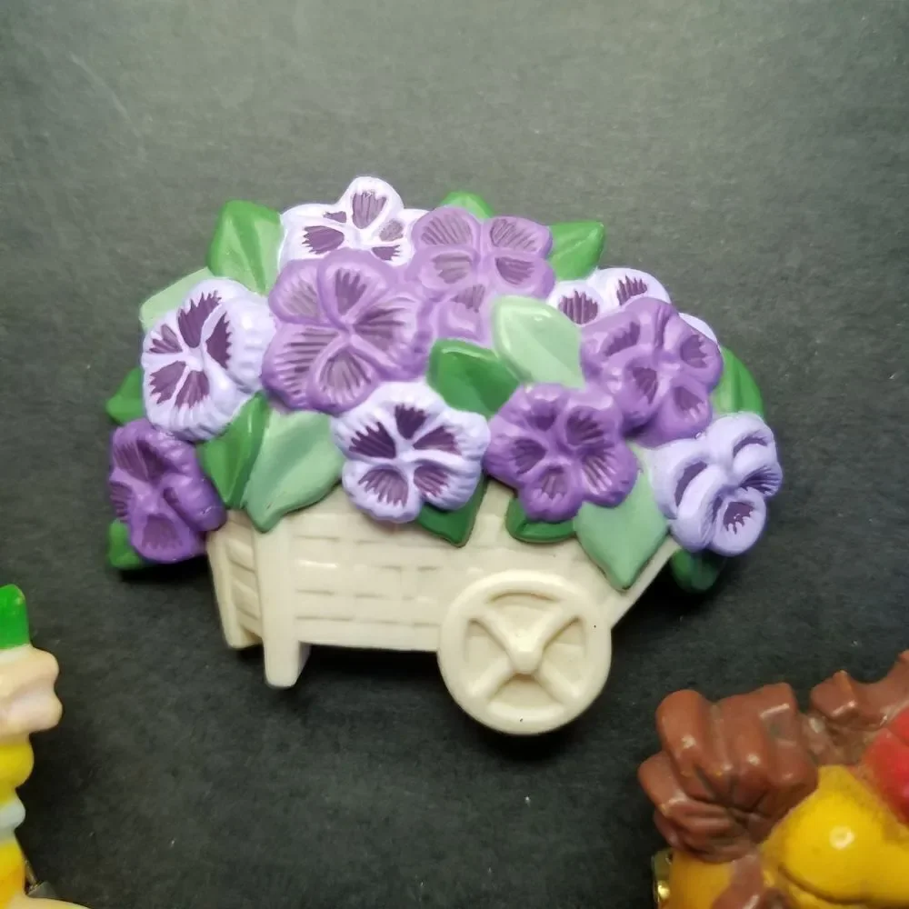 Set of 3 Vintage Hallmark 70's 80's Pins Cornucopia Pansie Cart Spring Chicken